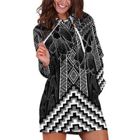 Aotearoa Taniko Pattern Hoodie Dress Poutama Mix Kowhai Flowers LT7 Grey - Polynesian Pride