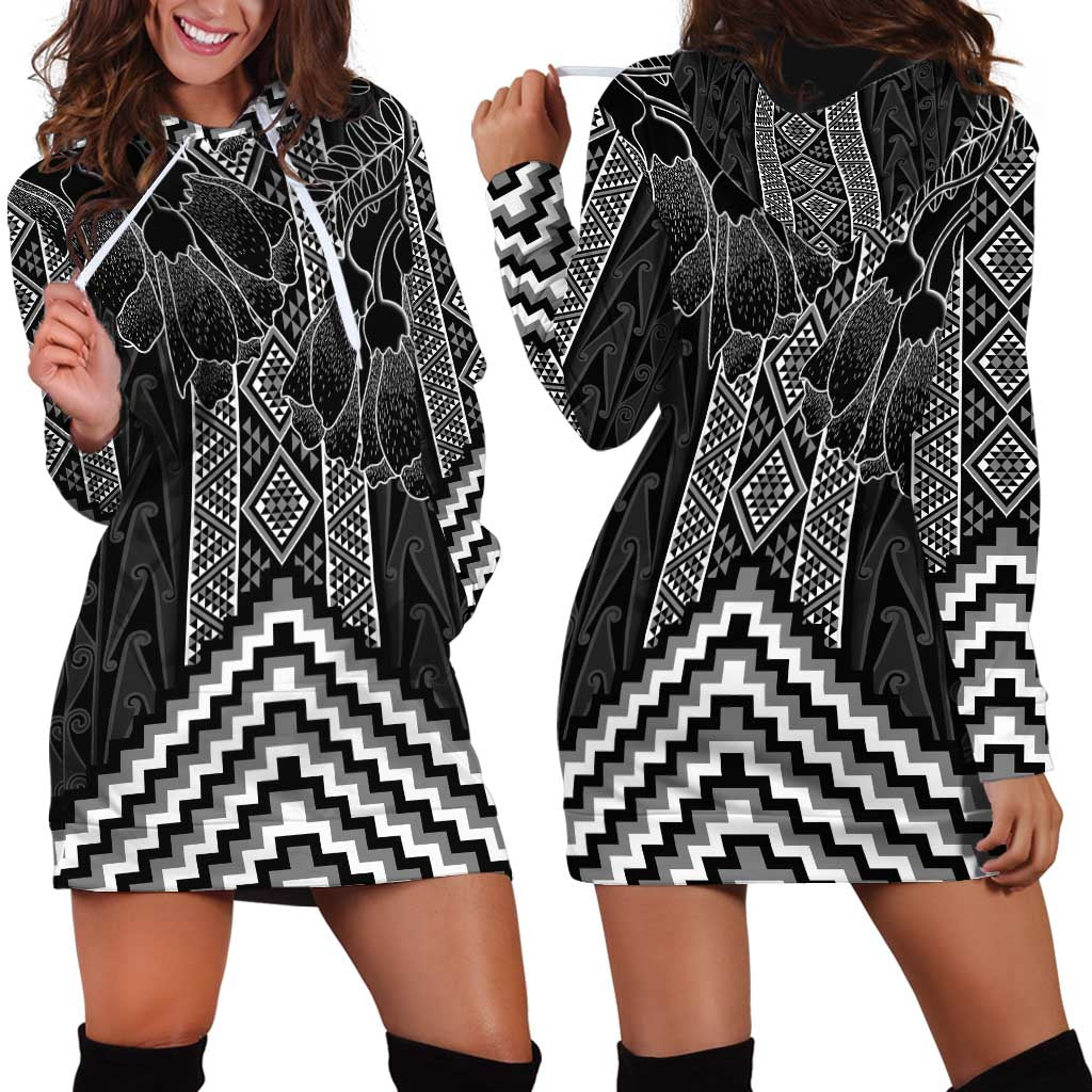 Aotearoa Taniko Pattern Hoodie Dress Poutama Mix Kowhai Flowers LT7 - Polynesian Pride