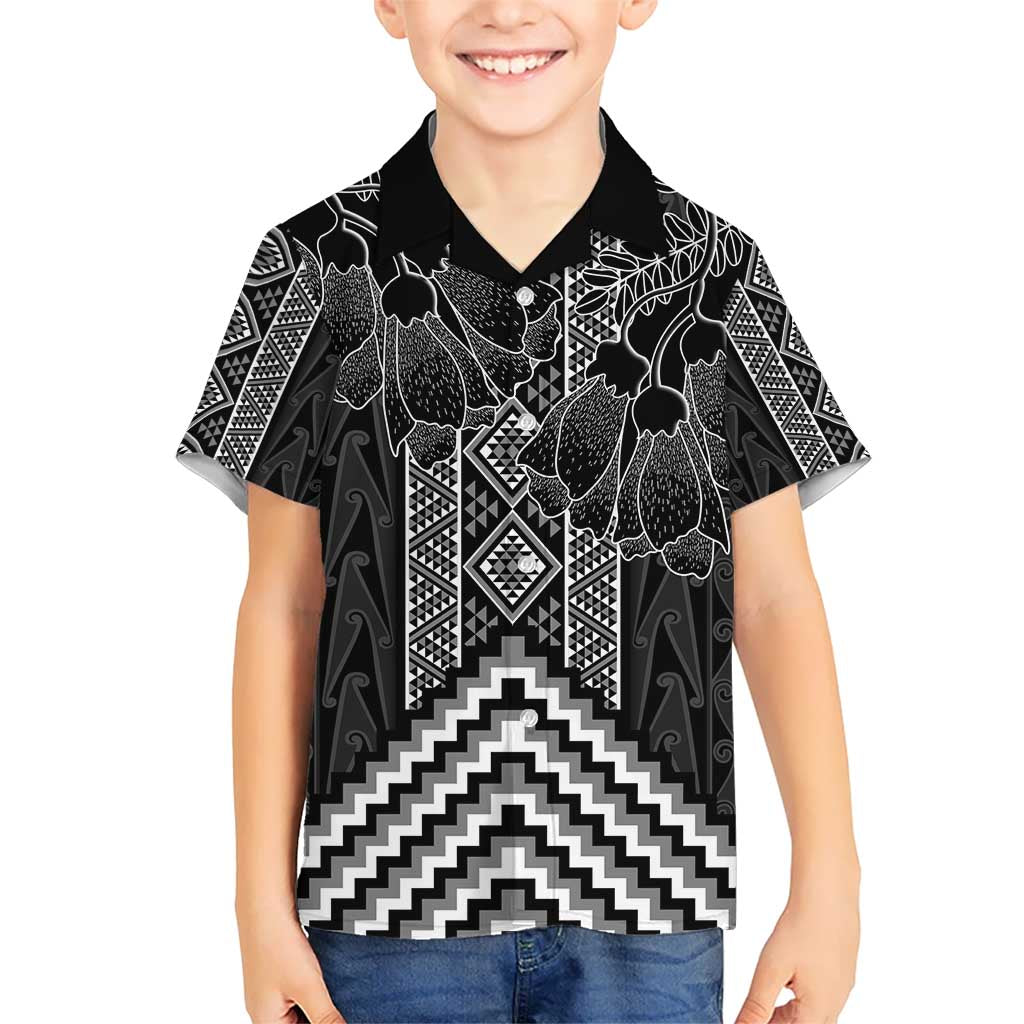 Aotearoa Taniko Pattern Kid Hawaiian Shirt Poutama Mix Kowhai Flowers LT7 Kid Grey - Polynesian Pride