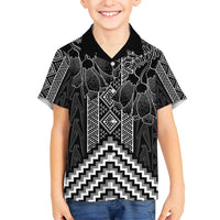 Aotearoa Taniko Pattern Kid Hawaiian Shirt Poutama Mix Kowhai Flowers LT7 Kid Grey - Polynesian Pride