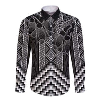 Aotearoa Taniko Pattern Long Sleeve Button Shirt Poutama Mix Kowhai Flowers LT7 Unisex Grey - Polynesian Pride