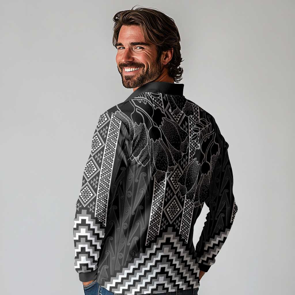 Aotearoa Taniko Pattern Long Sleeve Polo Shirt Poutama Mix Kowhai Flowers