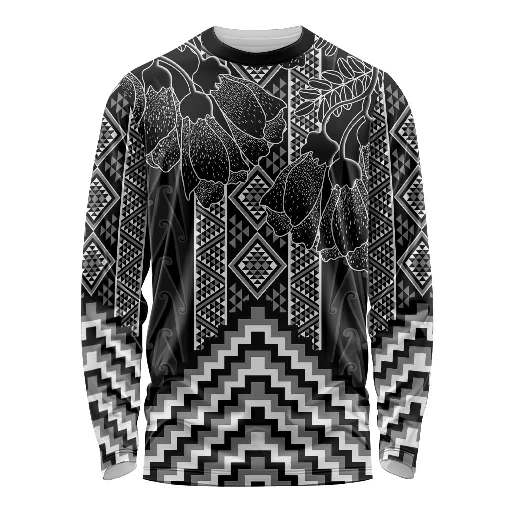Aotearoa Taniko Pattern Long Sleeve Shirt Poutama Mix Kowhai Flowers LT7 Unisex Grey - Polynesian Pride