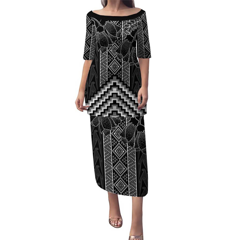 Aotearoa Taniko Pattern Puletasi Poutama Mix Kowhai Flowers LT7 Long Dress Grey - Polynesian Pride