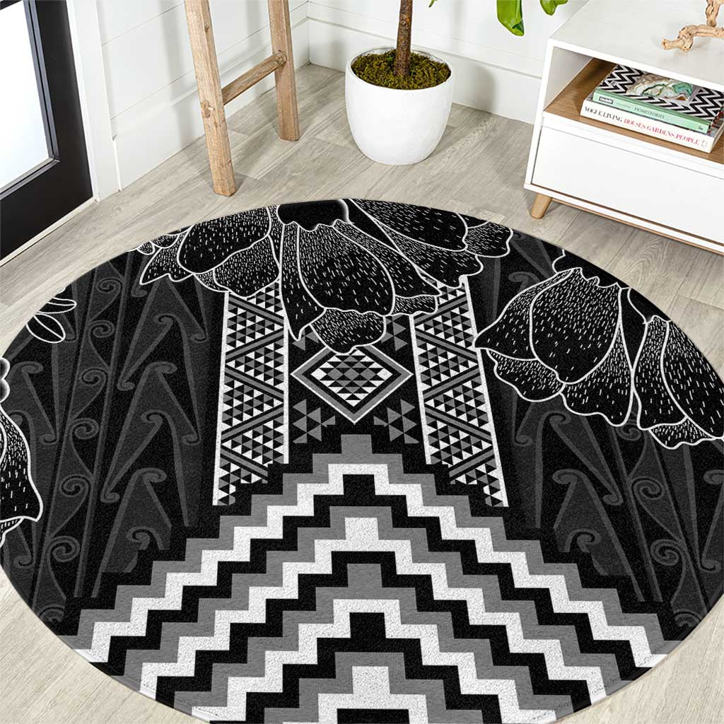 Aotearoa Taniko Pattern Round Carpet Poutama Mix Kowhai Flowers