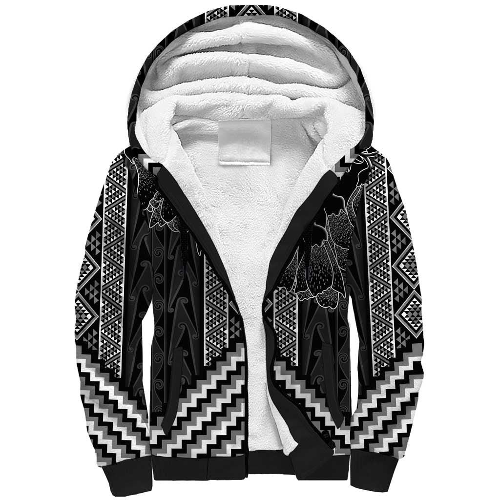 Aotearoa Taniko Pattern Sherpa Hoodie Poutama Mix Kowhai Flowers LT7 Unisex Grey - Polynesian Pride