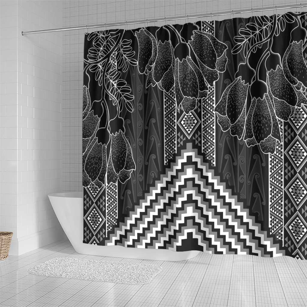 Aotearoa Taniko Pattern Shower Curtain Poutama Mix Kowhai Flowers