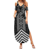 Aotearoa Taniko Pattern Summer Maxi Dress Poutama Mix Kowhai Flowers LT7 Women Grey - Polynesian Pride