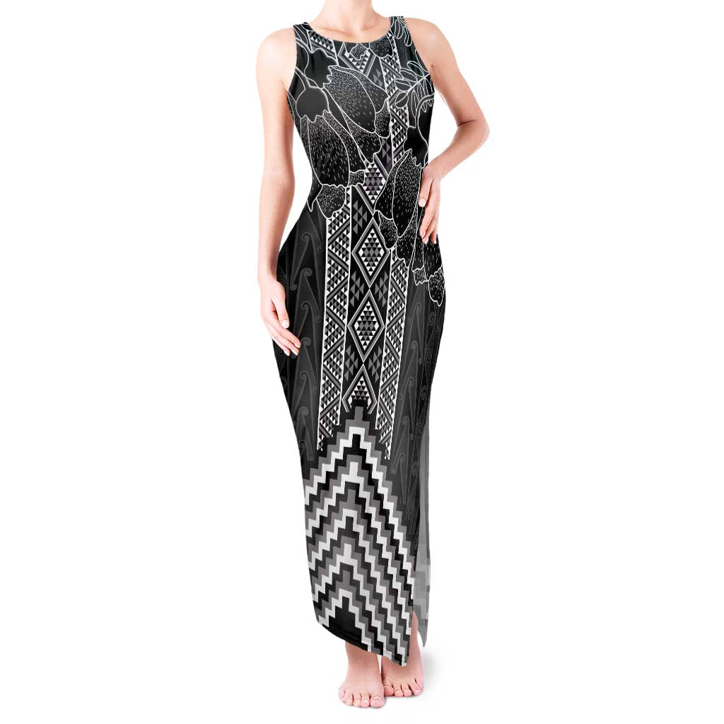 Aotearoa Taniko Pattern Tank Maxi Dress Poutama Mix Kowhai Flowers LT7 Women Grey - Polynesian Pride