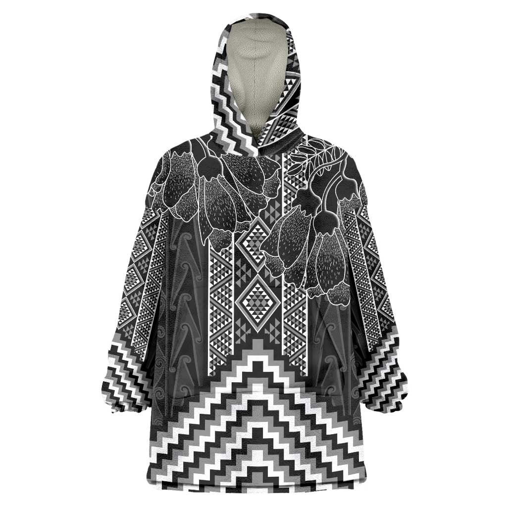 Aotearoa Taniko Pattern Wearable Blanket Hoodie Poutama Mix Kowhai Flowers LT7 One Size Grey - Polynesian Pride