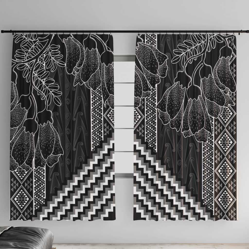 Aotearoa Taniko Pattern Window Curtain Poutama Mix Kowhai Flowers LT7 With Hooks Grey - Polynesian Pride