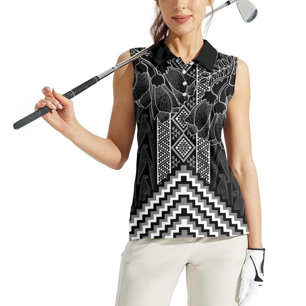 Aotearoa Taniko Pattern Women Sleeveless Polo Shirt Poutama Mix Kowhai Flowers