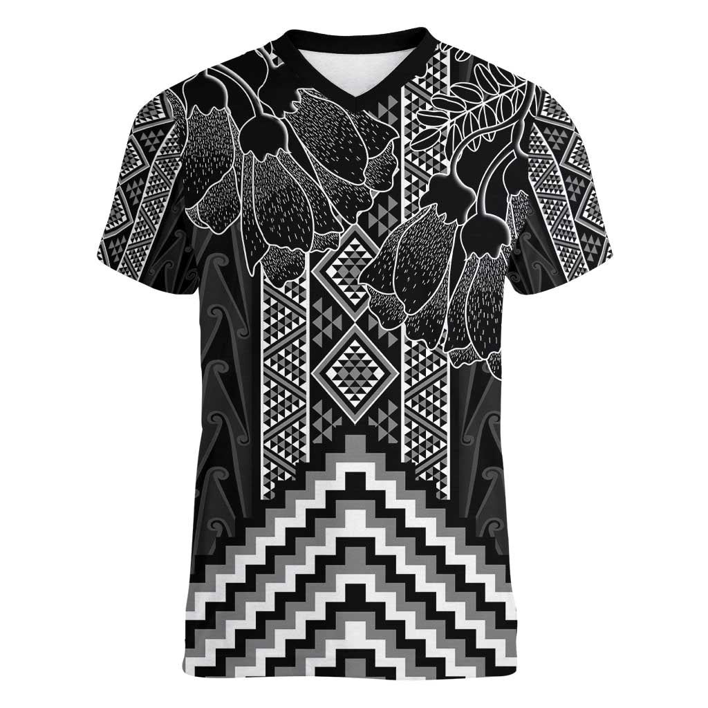 Aotearoa Taniko Pattern Women V-Neck T-Shirt Poutama Mix Kowhai Flowers