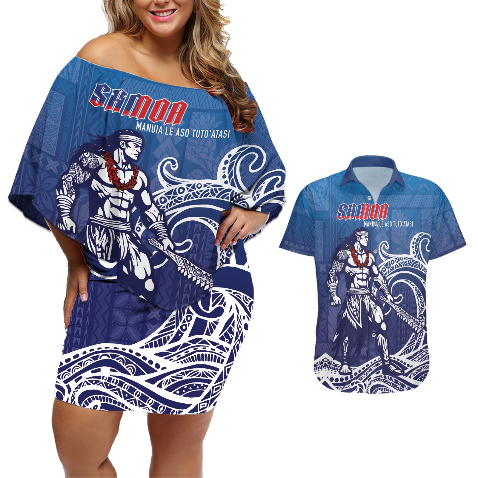 Samoa Manuia le Aso Tuto'atasi Siapo Motif Couples Matching Off Shoulder Short Dress and Hawaiian Shirt Warrior with Nifo Oti