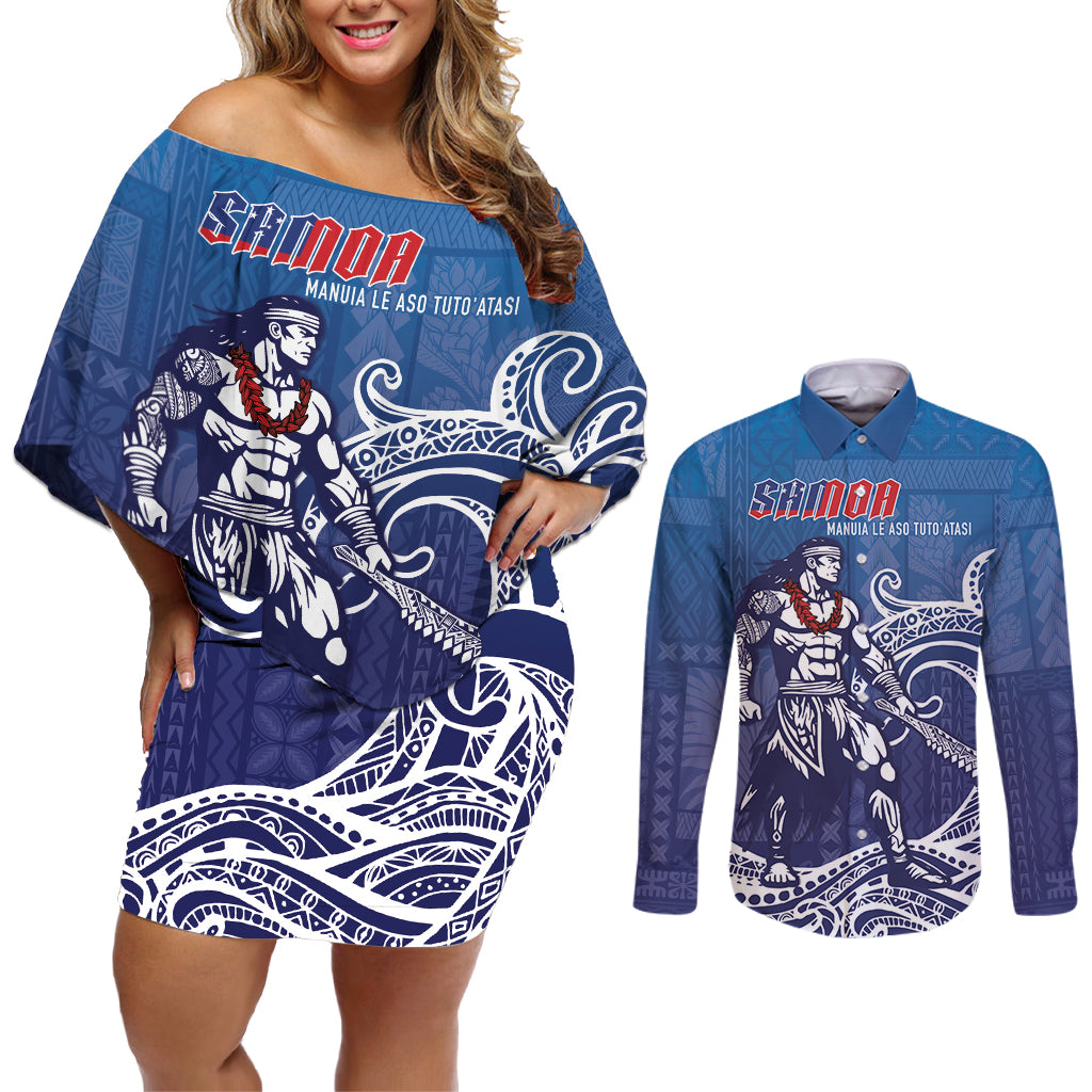 Samoa Manuia le Aso Tuto'atasi Siapo Motif Couples Matching Off Shoulder Short Dress and Long Sleeve Button Shirt Warrior with Nifo Oti