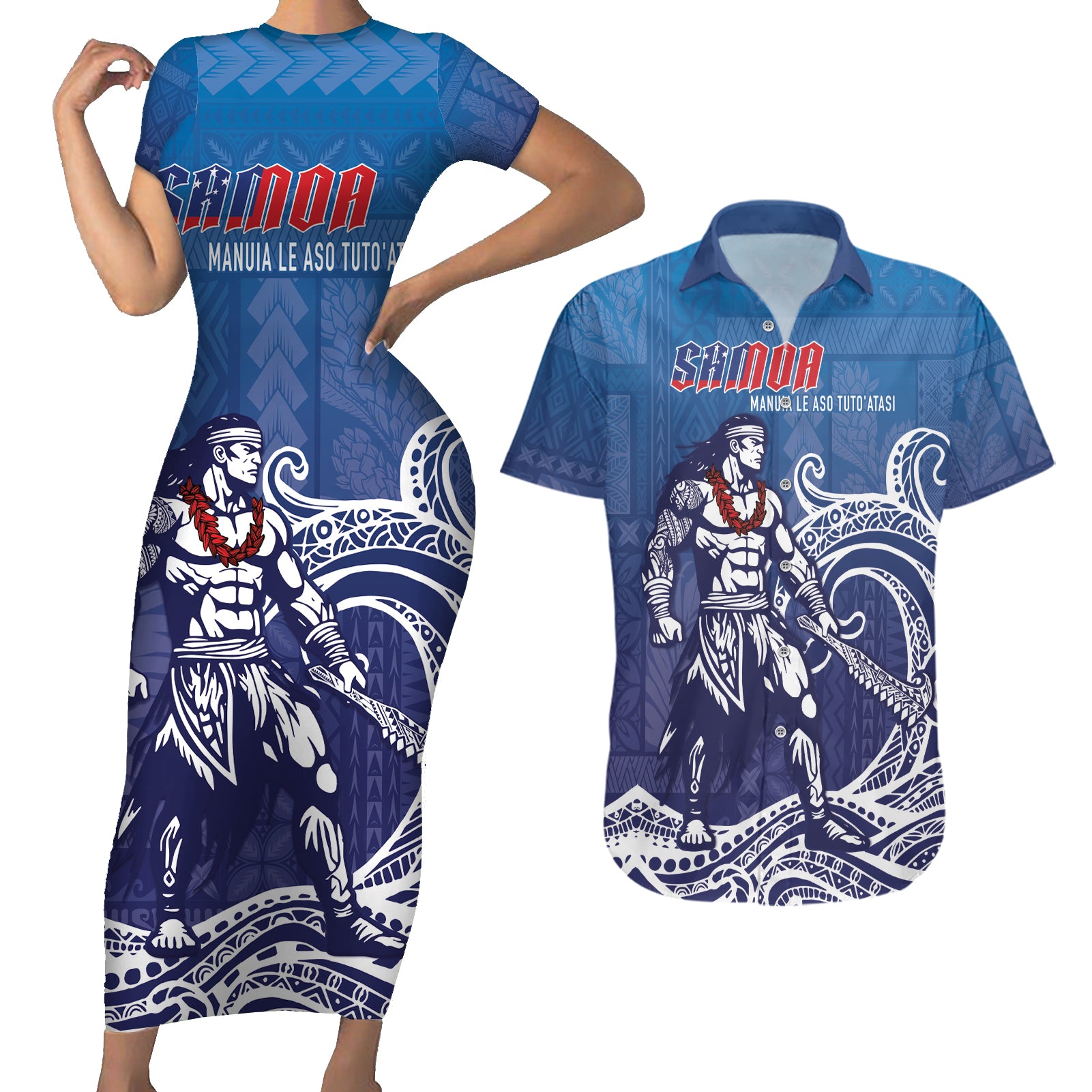 Samoa Manuia le Aso Tuto'atasi Siapo Motif Couples Matching Short Sleeve Bodycon Dress and Hawaiian Shirt Warrior with Nifo Oti