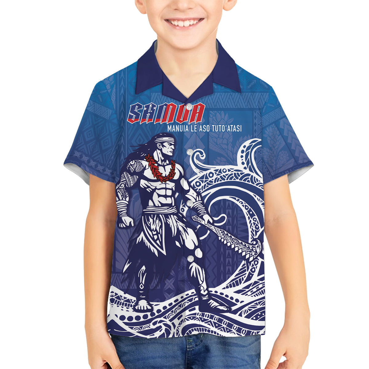 Samoa Manuia le Aso Tuto'atasi Siapo Motif Family Matching Off Shoulder Maxi Dress and Hawaiian Shirt Warrior with Nifo Oti