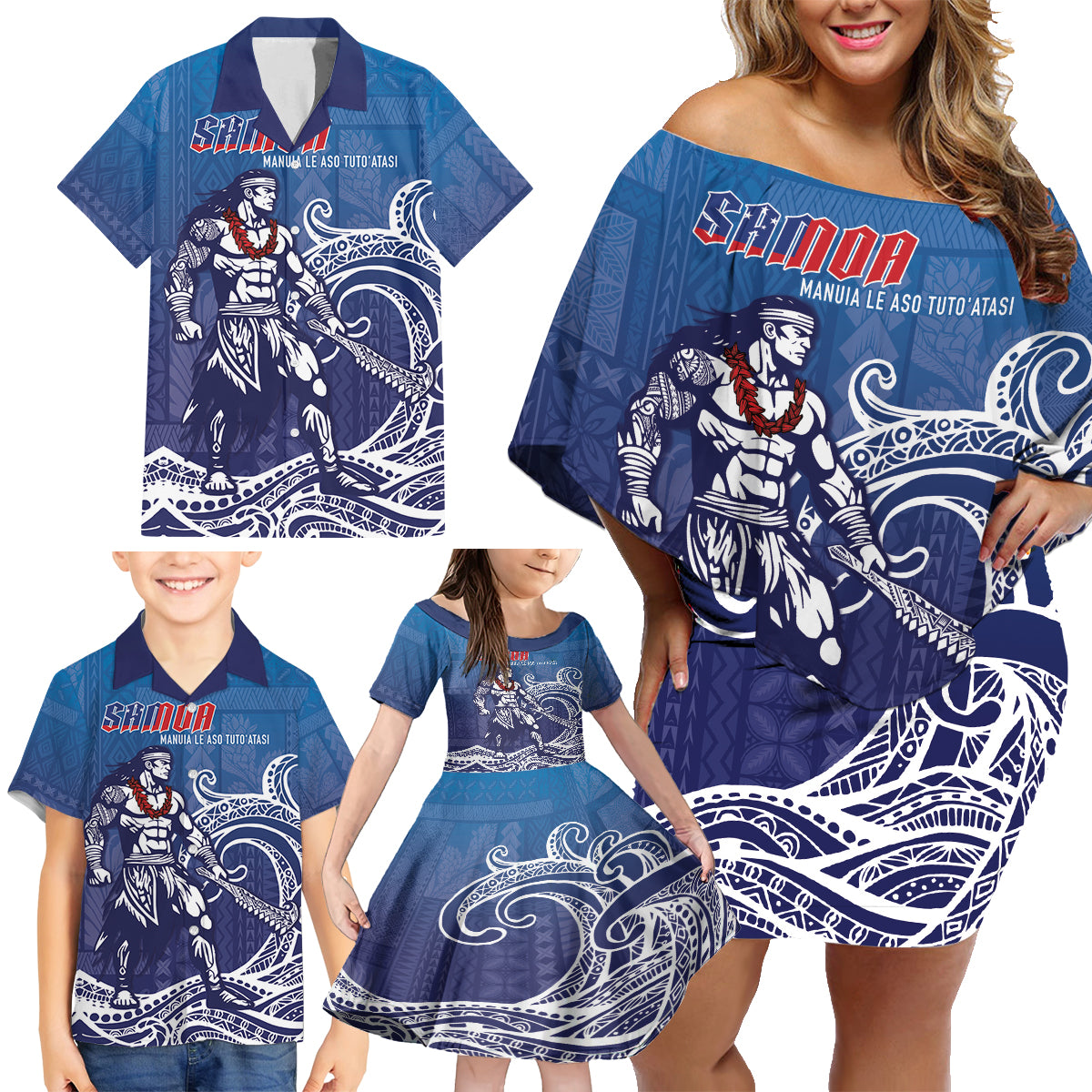 Samoa Manuia le Aso Tuto'atasi Siapo Motif Family Matching Off Shoulder Short Dress and Hawaiian Shirt Warrior with Nifo Oti