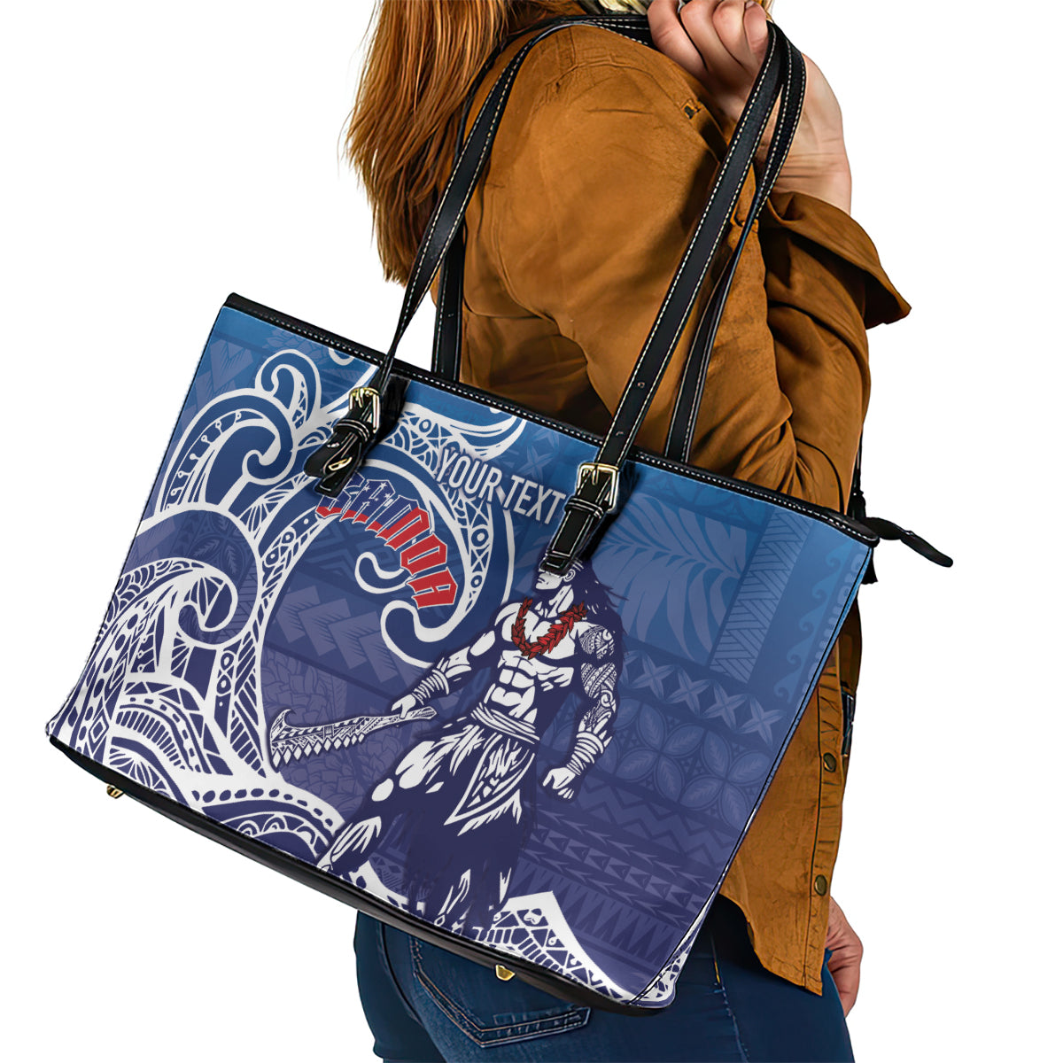 Samoa Manuia le Aso Tuto'atasi Siapo Motif Leather Tote Bag Warrior with Nifo Oti