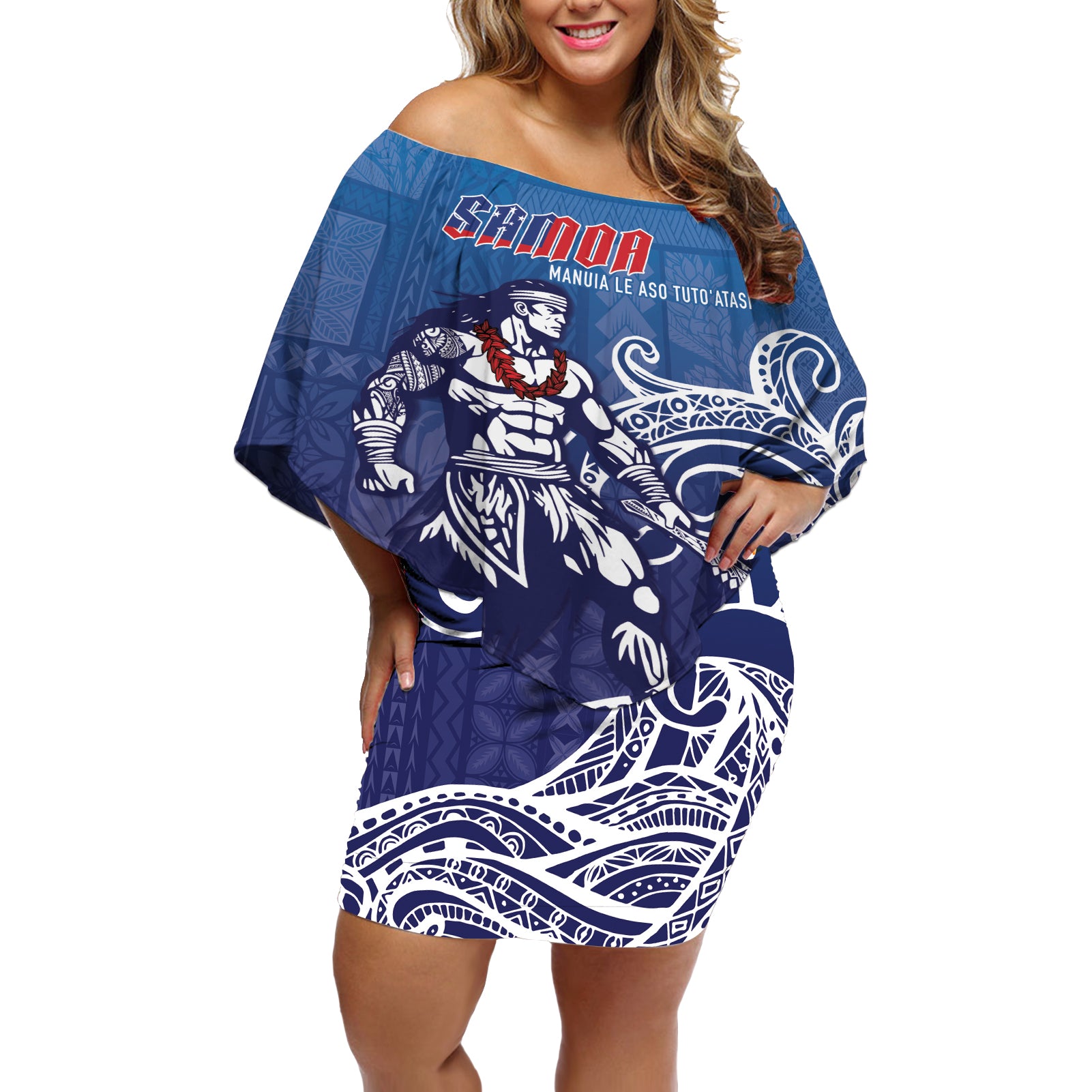 Samoa Manuia le Aso Tuto'atasi Siapo Motif Off Shoulder Short Dress Warrior with Nifo Oti