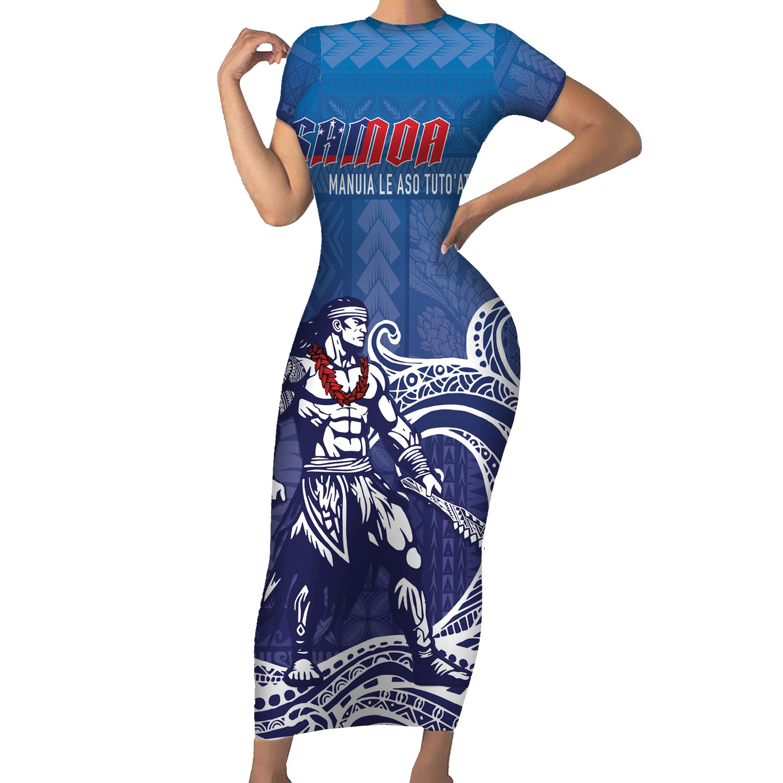 Samoa Manuia le Aso Tuto'atasi Siapo Motif Short Sleeve Bodycon Dress Warrior with Nifo Oti
