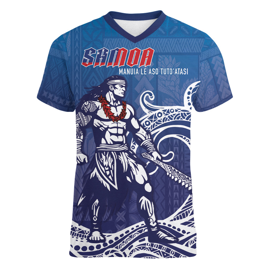 Samoa Manuia le Aso Tuto'atasi Siapo Motif Women V-Neck T-Shirt Warrior with Nifo Oti