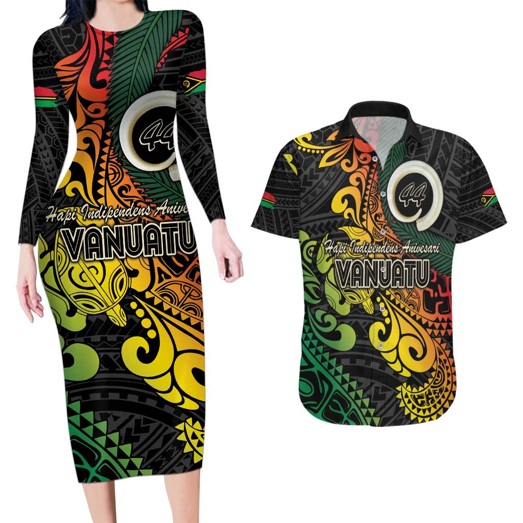 Vanuatu 44 Yia Indipendens Anivesari Couples Matching Long Sleeve Bodycon Dress and Hawaiian Shirt Curve Style