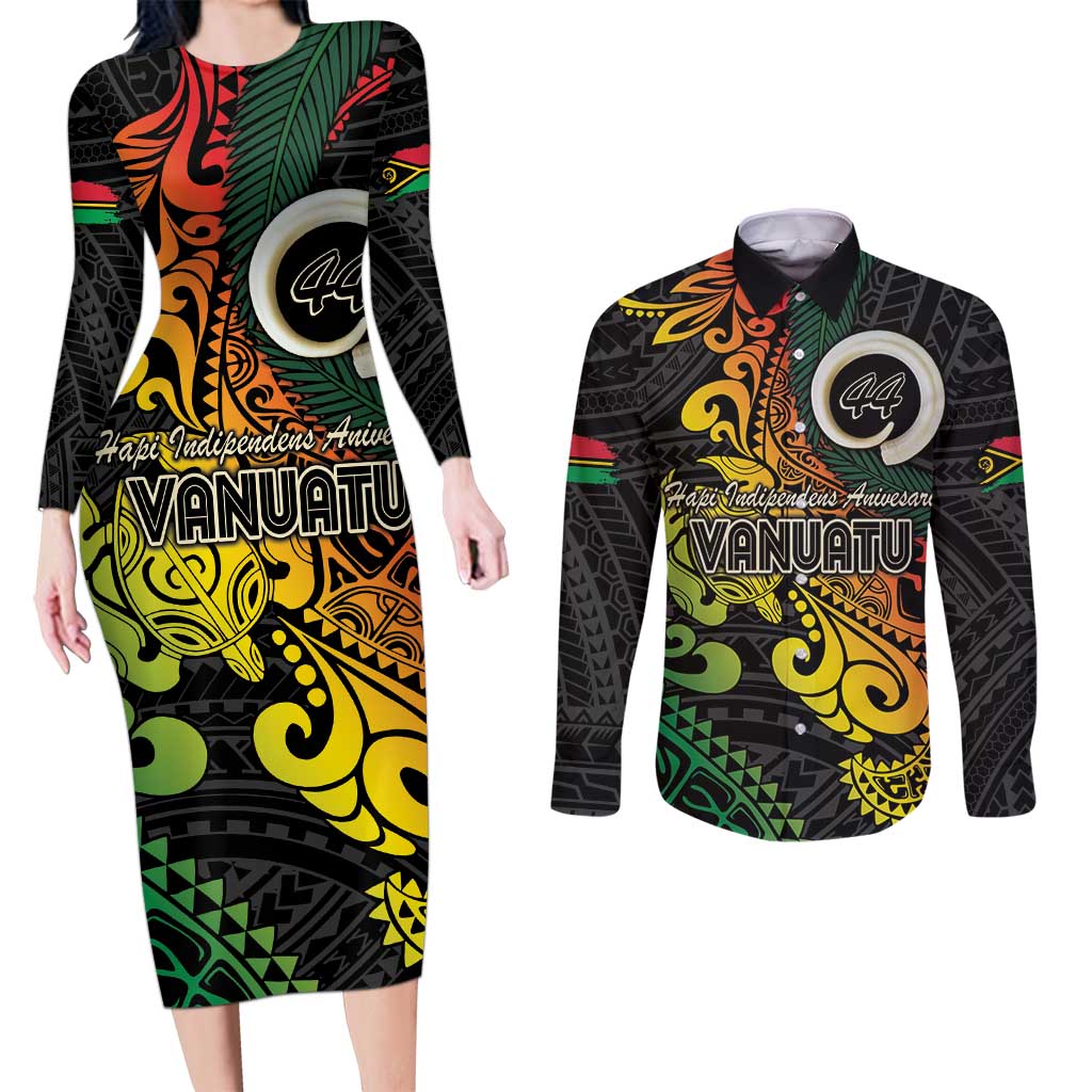 Vanuatu 44 Yia Indipendens Anivesari Couples Matching Long Sleeve Bodycon Dress and Long Sleeve Button Shirt Curve Style