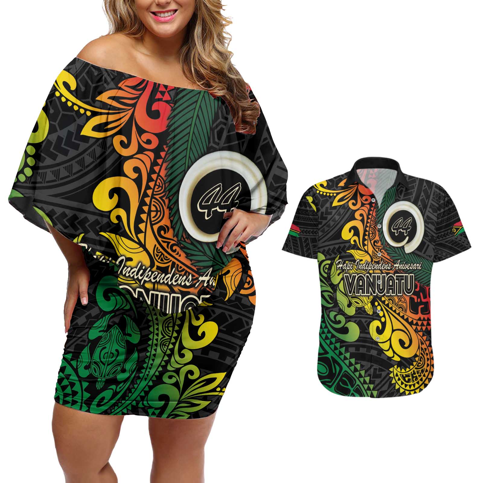 Vanuatu 44 Yia Indipendens Anivesari Couples Matching Off Shoulder Short Dress and Hawaiian Shirt Curve Style