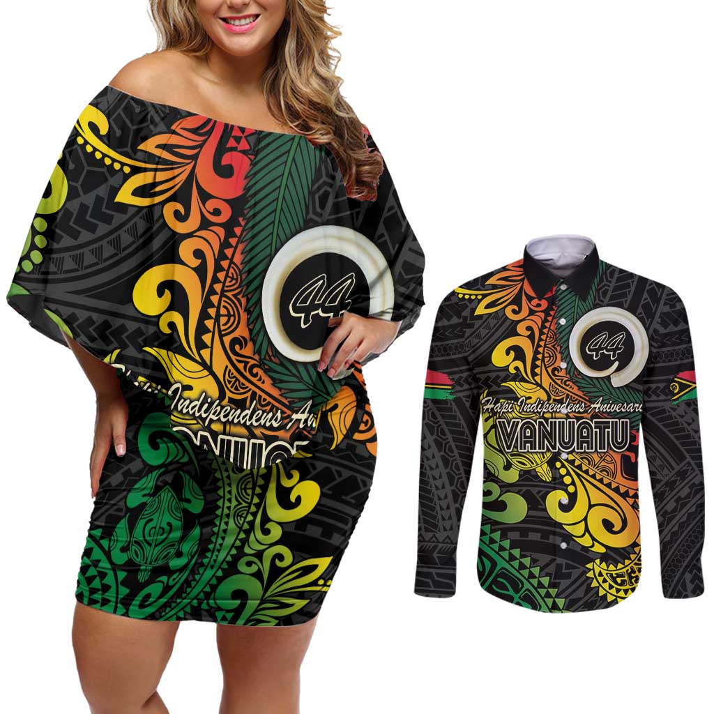 Vanuatu 44 Yia Indipendens Anivesari Couples Matching Off Shoulder Short Dress and Long Sleeve Button Shirt Curve Style