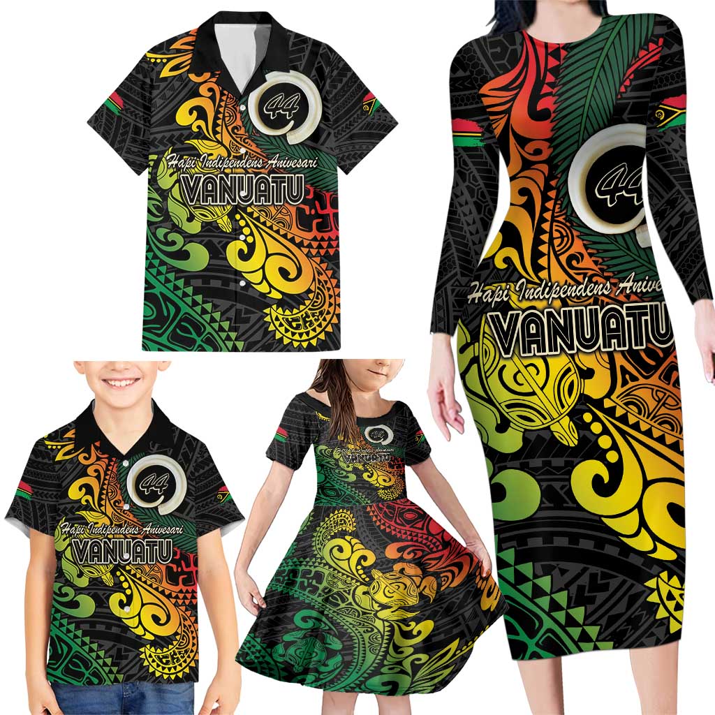 Vanuatu 44 Yia Indipendens Anivesari Family Matching Long Sleeve Bodycon Dress and Hawaiian Shirt Curve Style