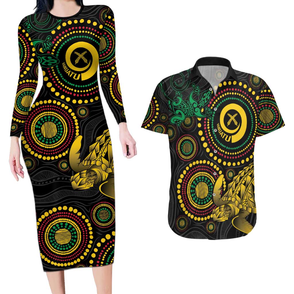 Vanuatu Personalized Aboriginal Arts Couples Matching Long Sleeve Bodycon Dress and Hawaiian Shirt Turtle and Iguana Special LT7 Colorful - Polynesian Pride