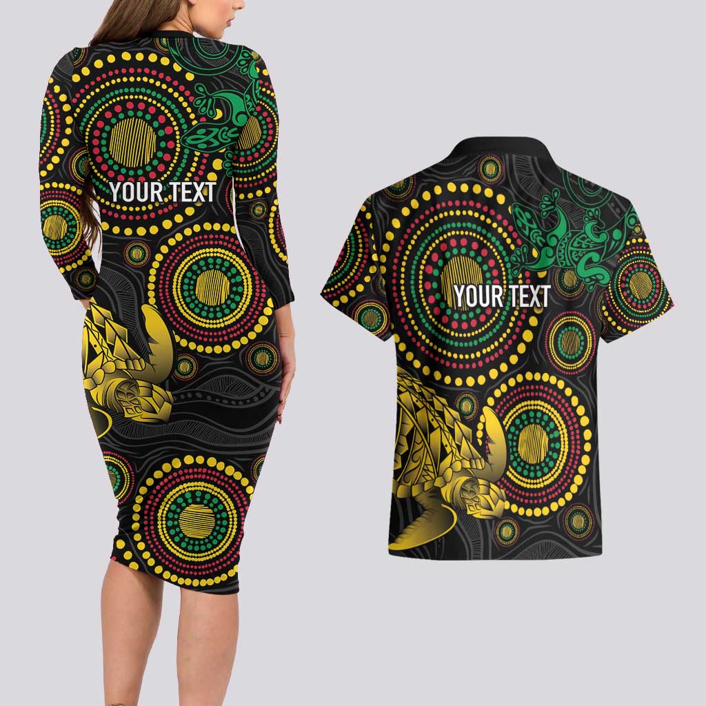 Vanuatu Personalized Aboriginal Arts Couples Matching Long Sleeve Bodycon Dress and Hawaiian Shirt Turtle and Iguana Special LT7 - Polynesian Pride