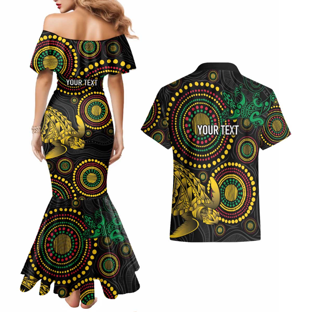 Vanuatu Personalized Aboriginal Arts Couples Matching Mermaid Dress and Hawaiian Shirt Turtle and Iguana Special LT7 - Polynesian Pride