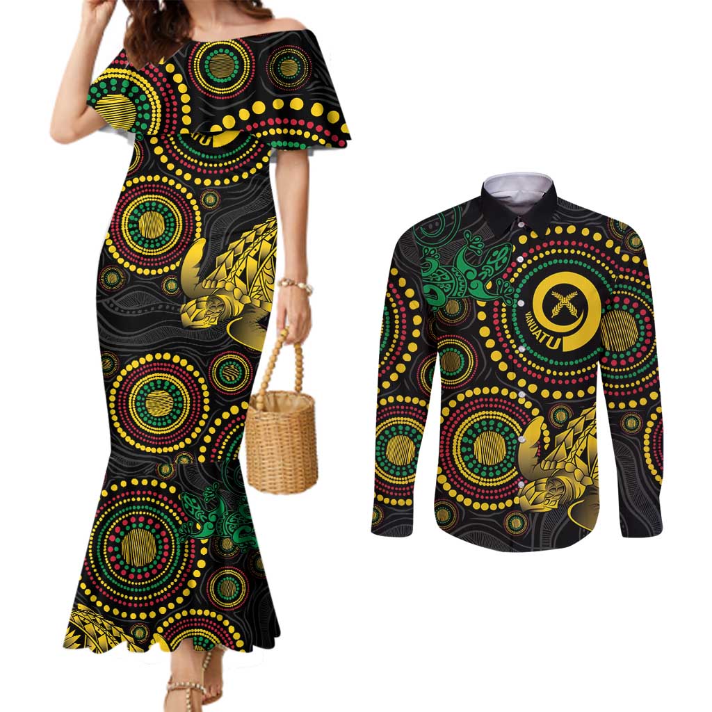 Vanuatu Personalized Aboriginal Arts Couples Matching Mermaid Dress and Long Sleeve Button Shirt Turtle and Iguana Special LT7 Colorful - Polynesian Pride