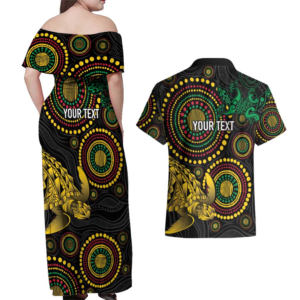 Vanuatu Personalized Aboriginal Arts Couples Matching Off Shoulder Maxi Dress and Hawaiian Shirt Turtle and Iguana Special LT7 - Polynesian Pride