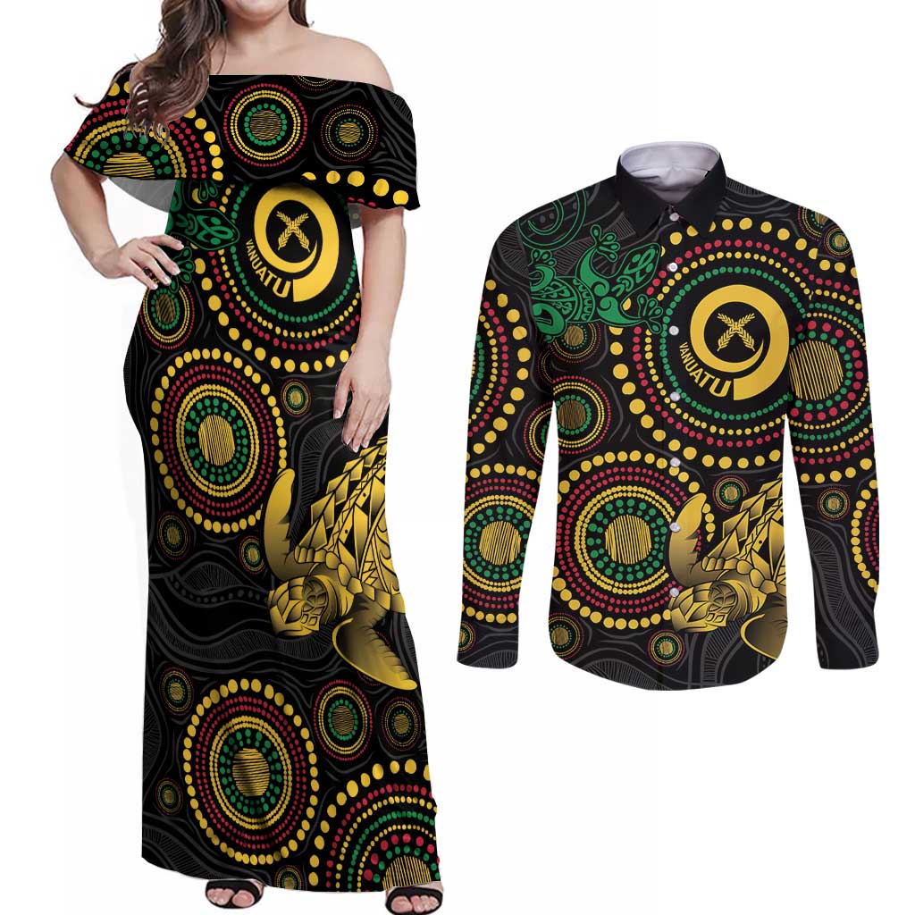 Vanuatu Personalized Aboriginal Arts Couples Matching Off Shoulder Maxi Dress and Long Sleeve Button Shirt Turtle and Iguana Special LT7 Colorful - Polynesian Pride