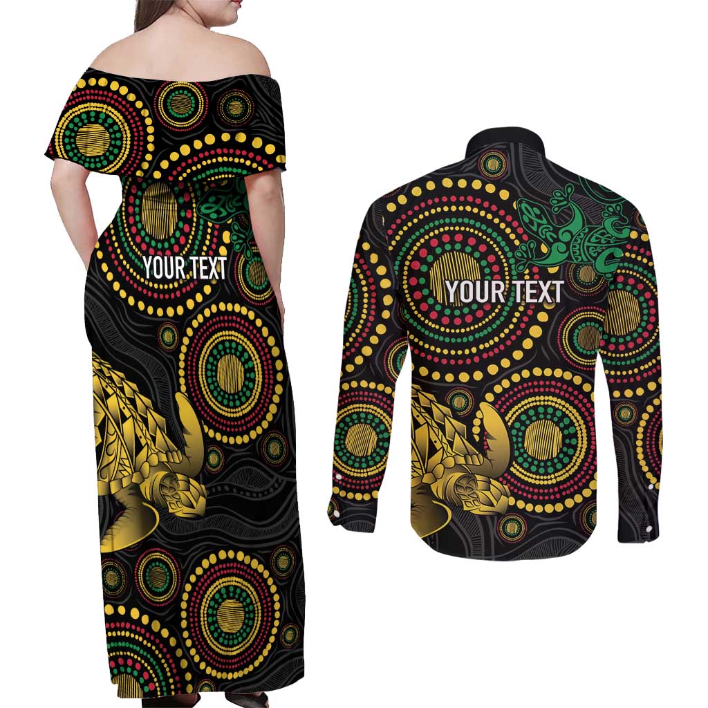 Vanuatu Personalized Aboriginal Arts Couples Matching Off Shoulder Maxi Dress and Long Sleeve Button Shirt Turtle and Iguana Special LT7 - Polynesian Pride