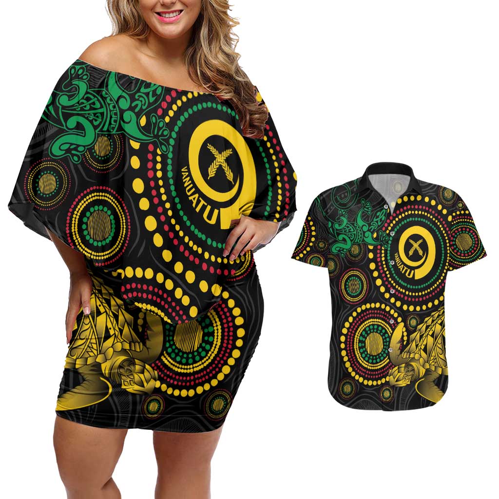 Vanuatu Personalized Aboriginal Arts Couples Matching Off Shoulder Short Dress and Hawaiian Shirt Turtle and Iguana Special LT7 Colorful - Polynesian Pride