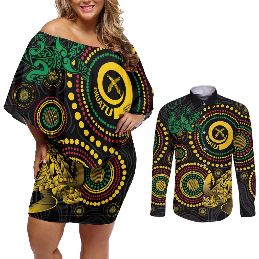 Vanuatu Personalized Aboriginal Arts Couples Matching Off Shoulder Short Dress and Long Sleeve Button Shirt Turtle and Iguana Special LT7 Colorful - Polynesian Pride