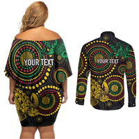 Vanuatu Personalized Aboriginal Arts Couples Matching Off Shoulder Short Dress and Long Sleeve Button Shirt Turtle and Iguana Special LT7 - Polynesian Pride
