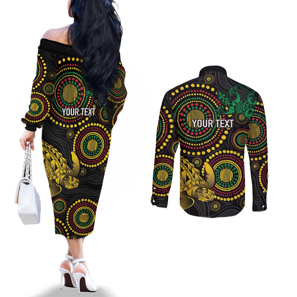 Vanuatu Personalized Aboriginal Arts Couples Matching Off The Shoulder Long Sleeve Dress and Long Sleeve Button Shirt Turtle and Iguana Special - Polynesian Pride