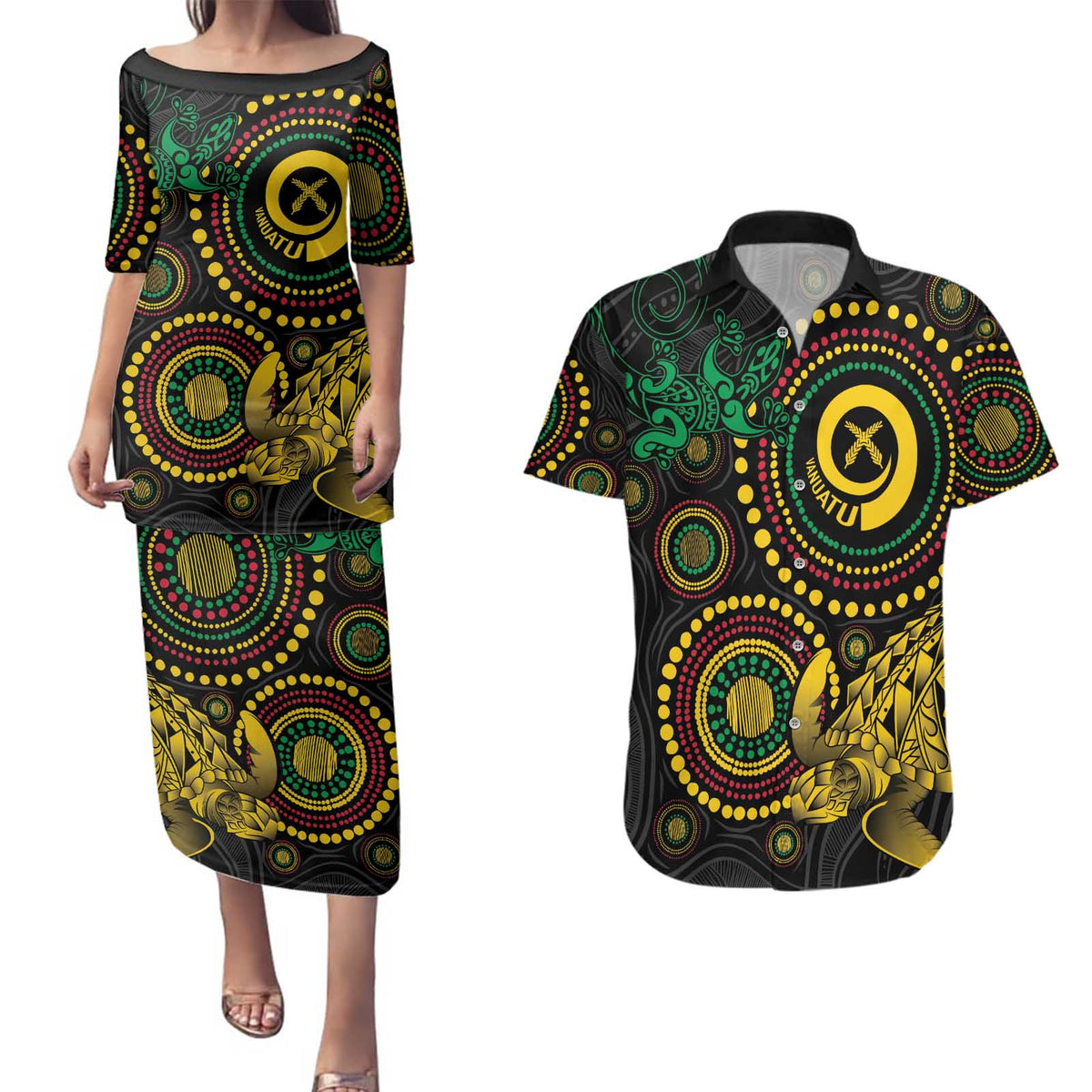 Vanuatu Personalized Aboriginal Arts Couples Matching Puletasi and Hawaiian Shirt Turtle and Iguana Special LT7 Colorful - Polynesian Pride