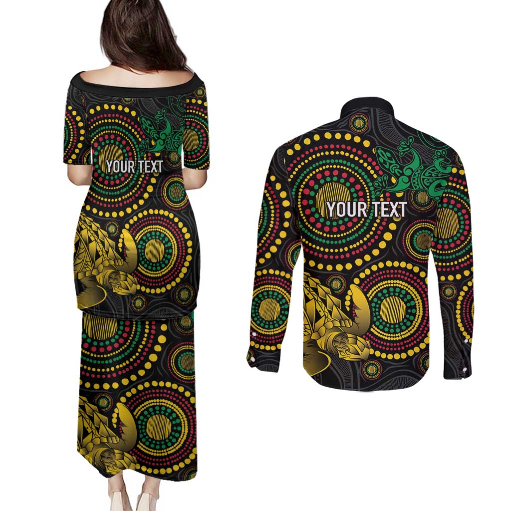 Vanuatu Personalized Aboriginal Arts Couples Matching Puletasi and Long Sleeve Button Shirt Turtle and Iguana Special LT7 - Polynesian Pride
