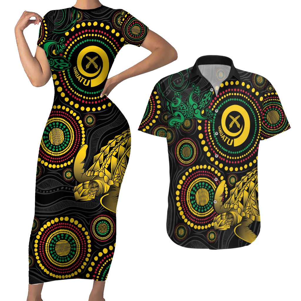 Vanuatu Personalized Aboriginal Arts Couples Matching Short Sleeve Bodycon Dress and Hawaiian Shirt Turtle and Iguana Special LT7 Colorful - Polynesian Pride