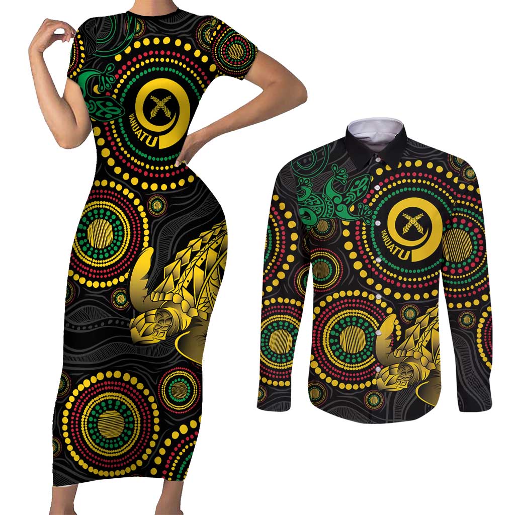 Vanuatu Personalized Aboriginal Arts Couples Matching Short Sleeve Bodycon Dress and Long Sleeve Button Shirt Turtle and Iguana Special LT7 Colorful - Polynesian Pride
