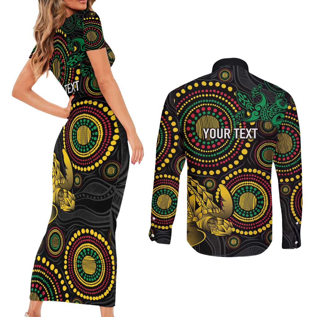 Vanuatu Personalized Aboriginal Arts Couples Matching Short Sleeve Bodycon Dress and Long Sleeve Button Shirt Turtle and Iguana Special LT7 - Polynesian Pride