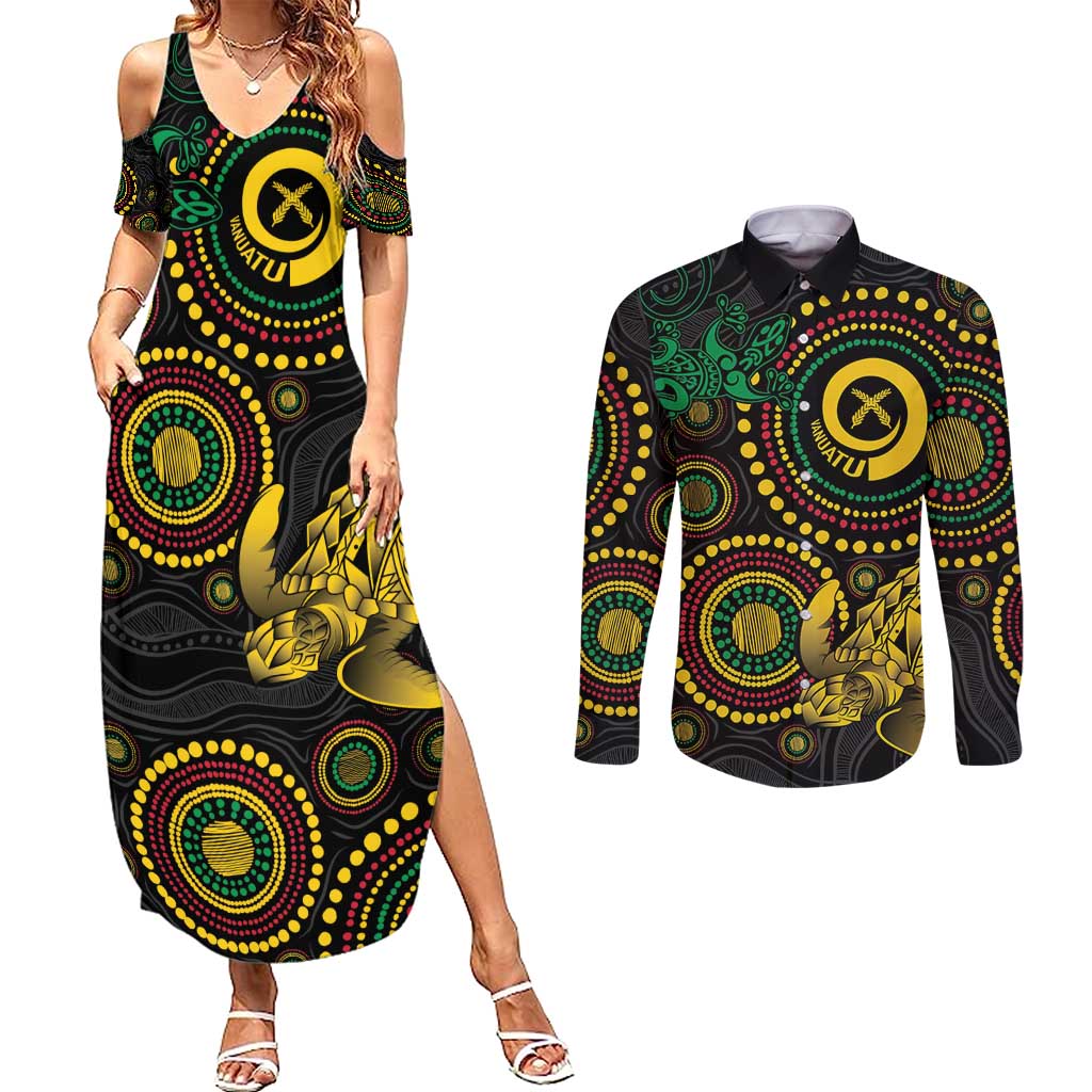 Vanuatu Personalized Aboriginal Arts Couples Matching Summer Maxi Dress and Long Sleeve Button Shirt Turtle and Iguana Special LT7 Colorful - Polynesian Pride