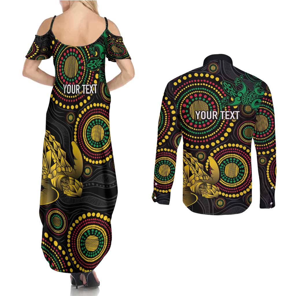 Vanuatu Personalized Aboriginal Arts Couples Matching Summer Maxi Dress and Long Sleeve Button Shirt Turtle and Iguana Special LT7 - Polynesian Pride