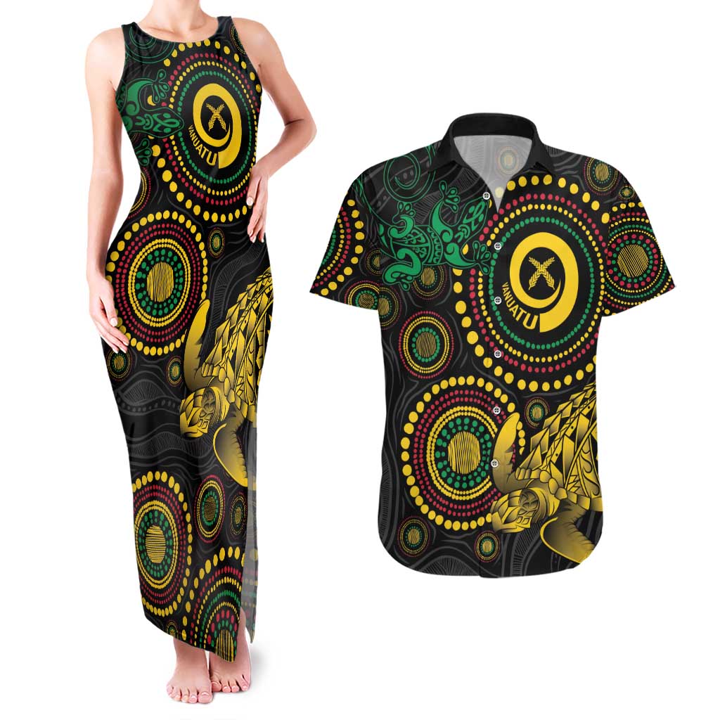 Vanuatu Personalized Aboriginal Arts Couples Matching Tank Maxi Dress and Hawaiian Shirt Turtle and Iguana Special LT7 Colorful - Polynesian Pride